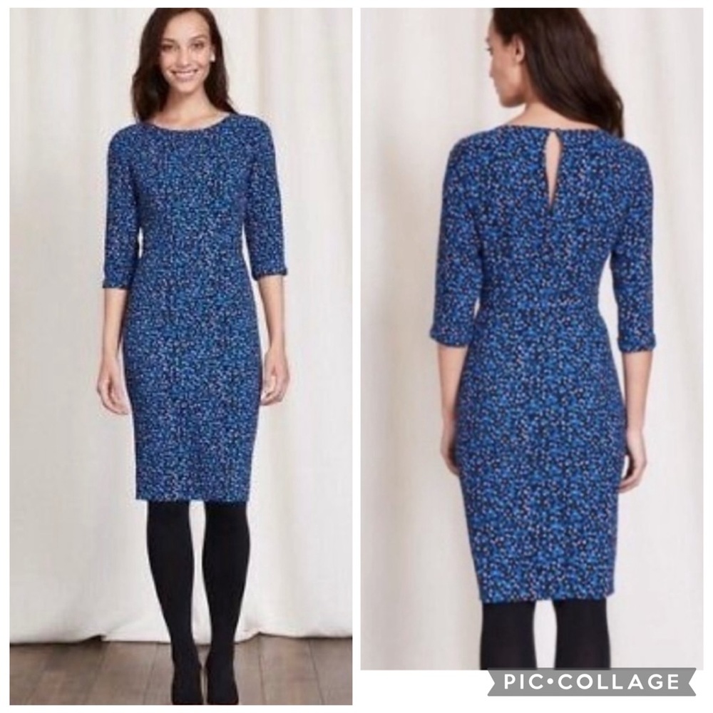 Boden Rosalind Sheath Dress 3/4 Sleeve Blue Polka Dot Leopard Animal Print 10